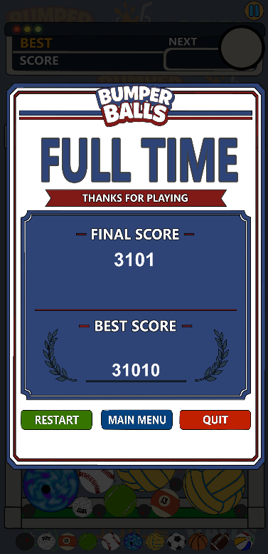 Bumper Balls Game Over Screen
